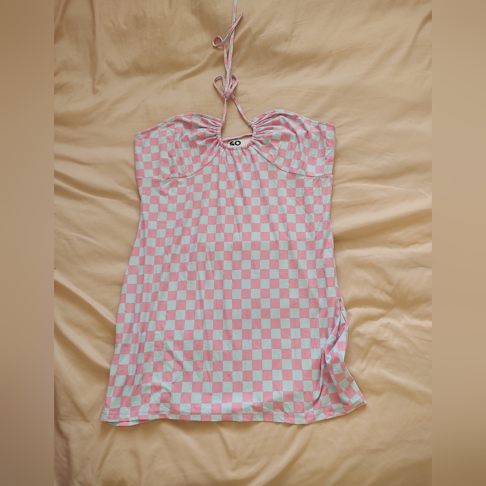SO Pink and White Checkered Halter Dress